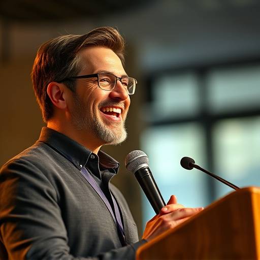 Imagen de una persona sonriendo mientras habla en püblico durante el curso de oratoria para principiantes